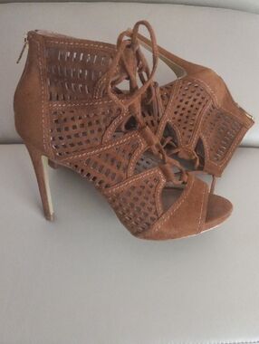 bebe Brown Lace-Up Laser Cut Stiletto Sandals Size 7